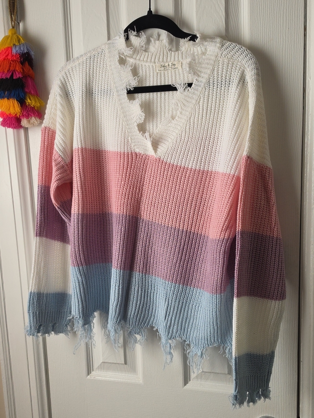 NWT Distressed V‑Neck Stripe Sweater in White, Pink, Purple, Blue Pastels